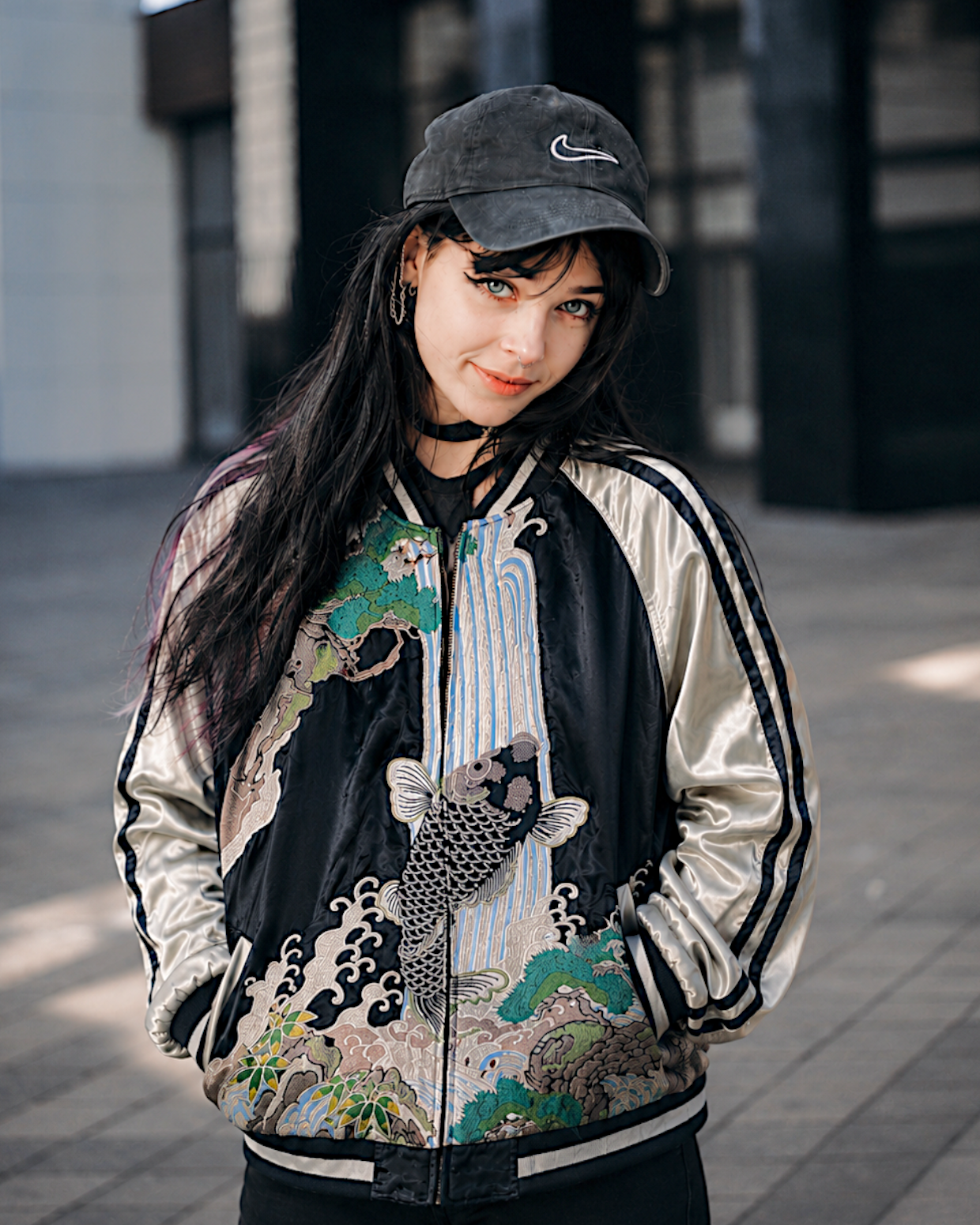 【L】Reversible Sukajan – Embroidered Koi Waterfall Japanese Satin Jacket