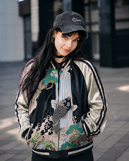 【L】Reversible Sukajan – Embroidered Koi Waterfall Japanese Satin Jacket