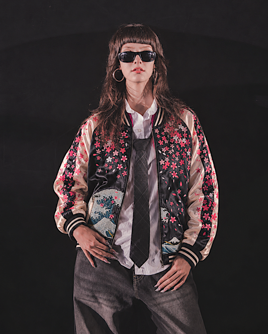 [L] Rare Vintage Miyabimusubi Reversible Sukajan Jacket – Sakura Koi Embroidery