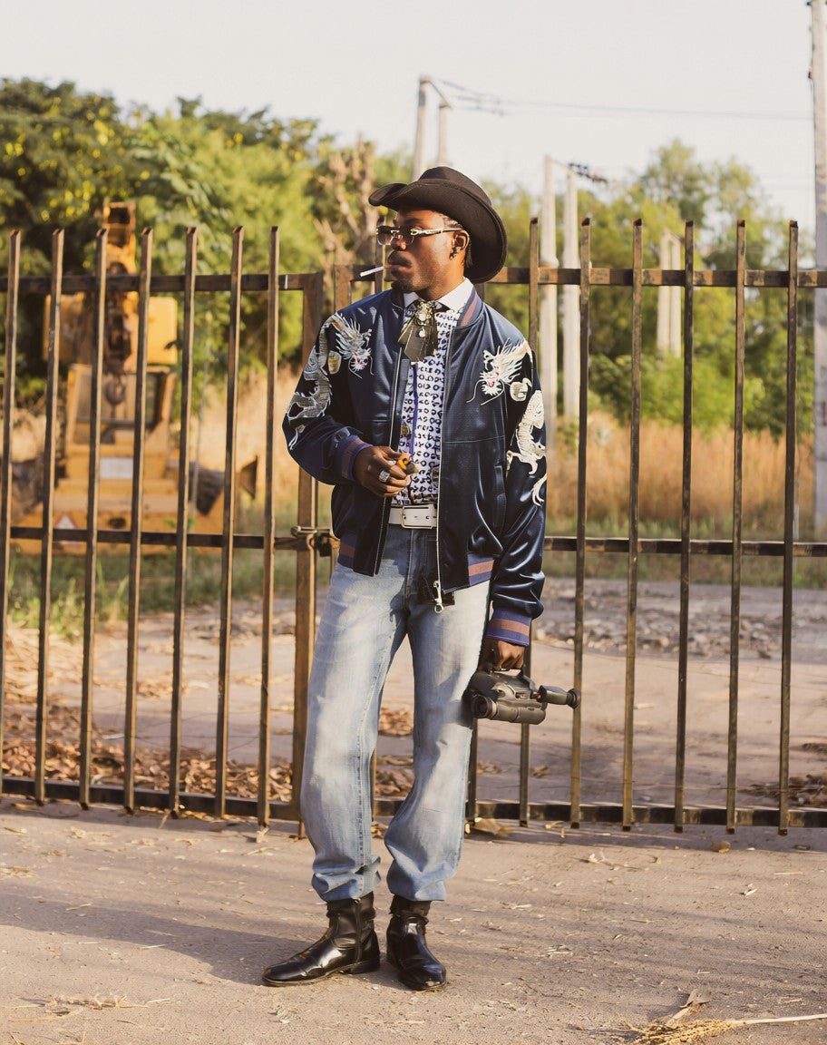 [FREE SIZE]【Authentic Embroidery】Hoshihime Twin Dragons & Clouds Souvenir Jacket Men's Black- Japanese Style