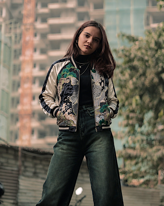 [M] Vintage Koi Fish Sukajan Jacket – Fully Embroidered Reversible Japanese Bomber