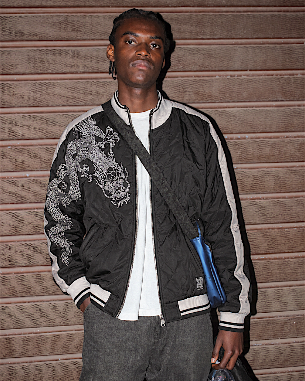 [XL] Japanese Dragon Embroidered Winter Sukajan Jacket – Black & White Quilted Bomber