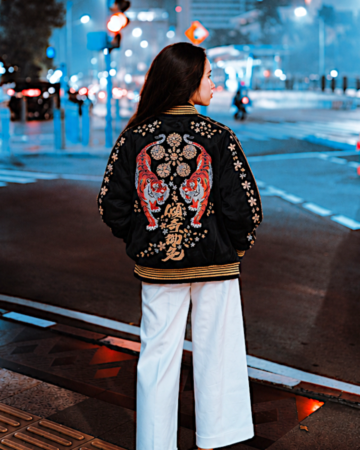 [L] Vintage Reversible Sukajan Jacket – Twin Tigers & Samurai Embroidery