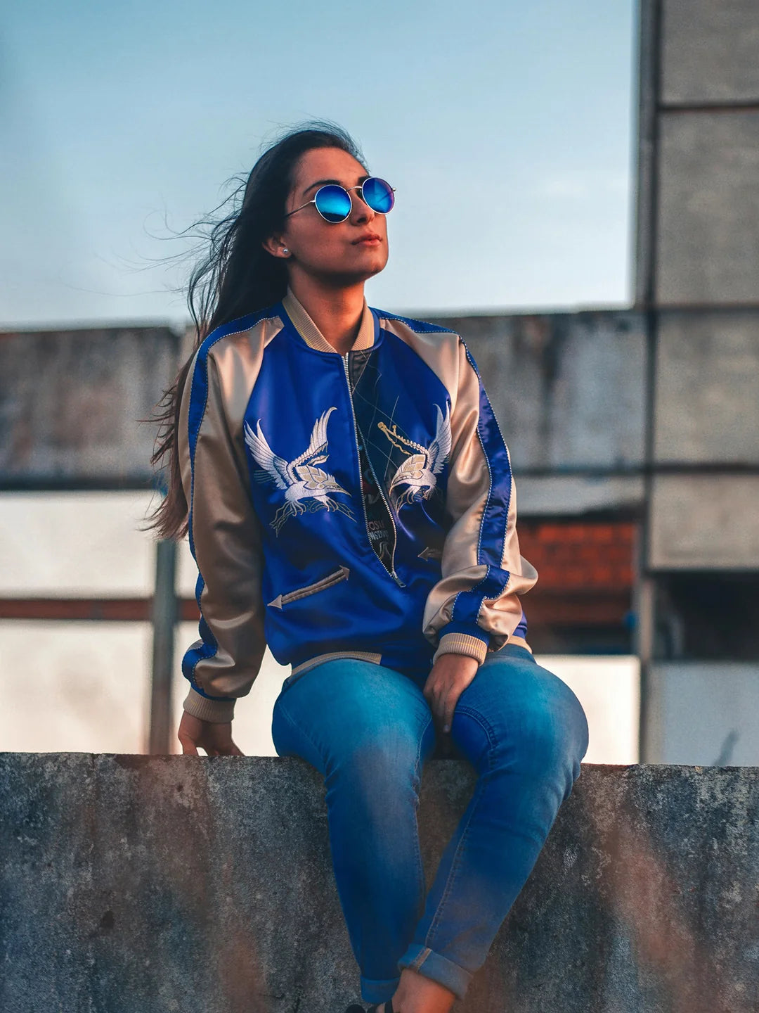 【L】Blue Crane Embroidery / Black Dragon & Japan Map – Japanese Quilted Bomber