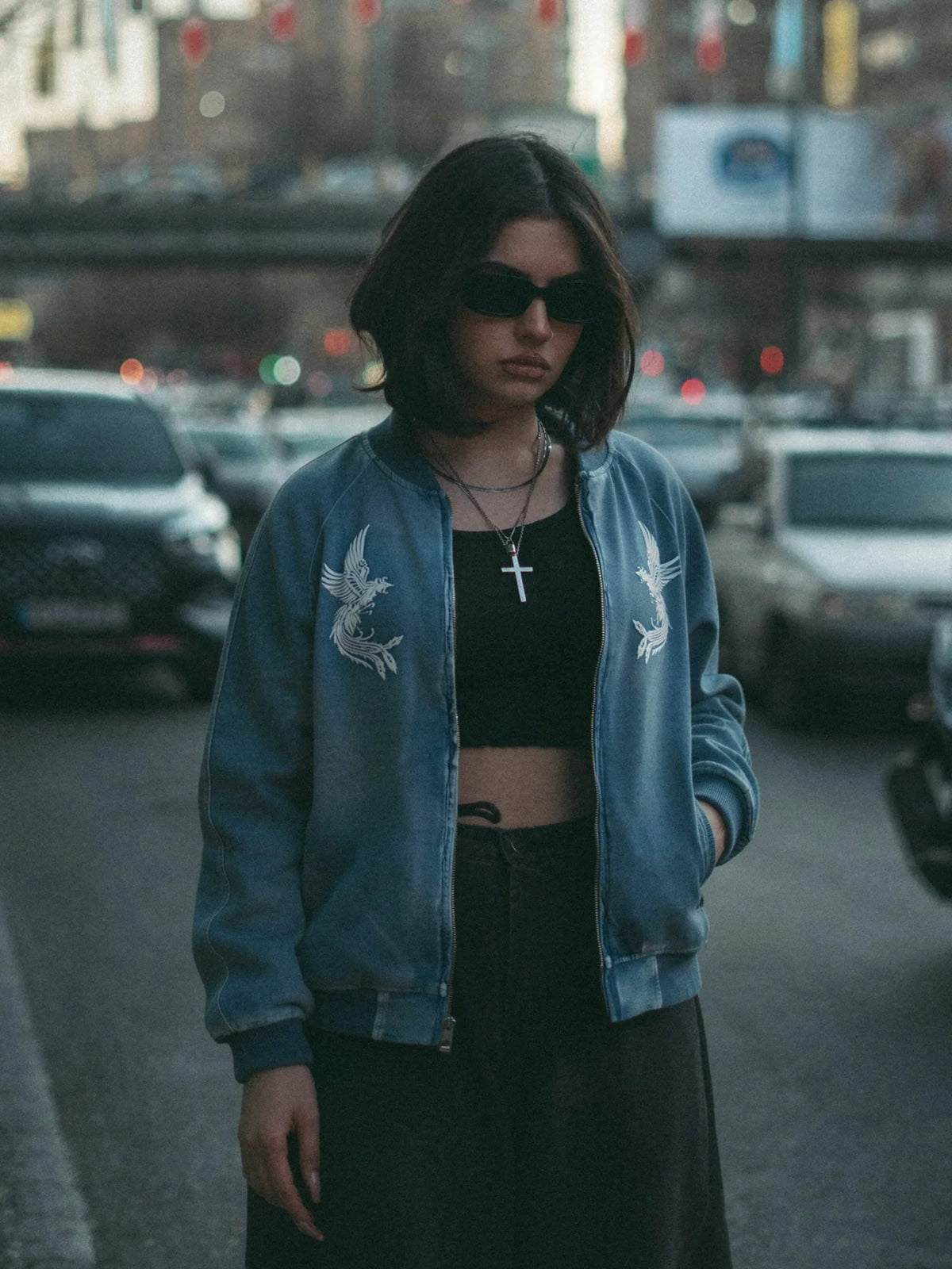 [L]Denim Tiger and bird sukajan | Vintage
