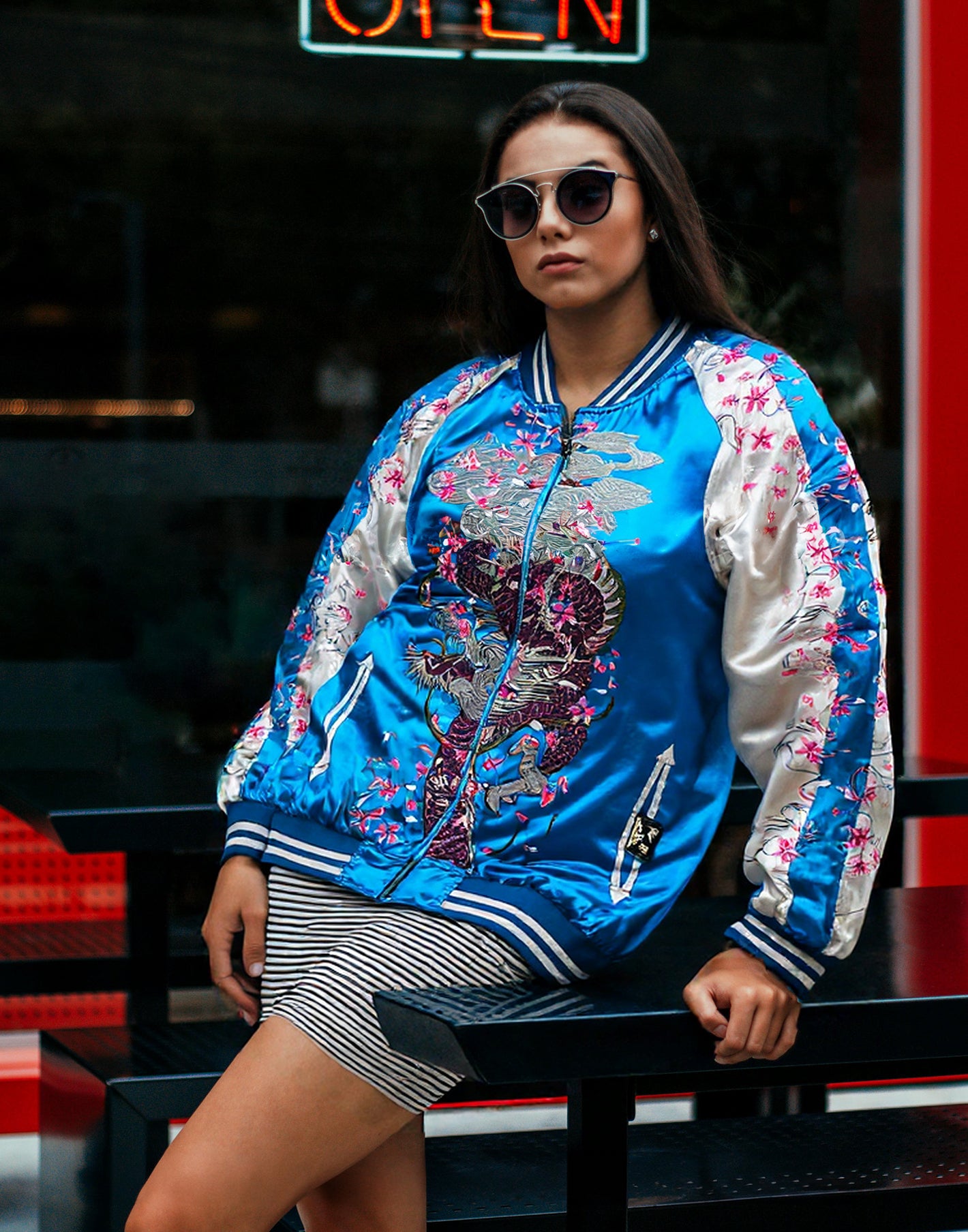 [L]【Luxurious Embroidered Sukajan】Dragon & Cherry Blossom / Phoenix - Musubi Japan Reversible