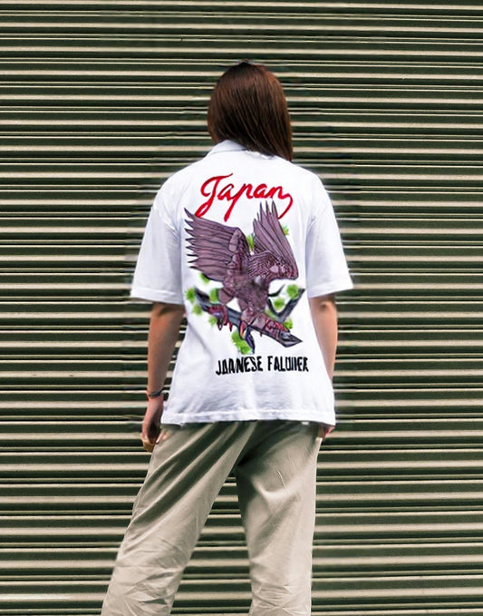 [46]【Unique】Hawk Embroidered Short Sleeve Shirt Men's Japan Logo Souvenir Jacket Style White Poly Blend
