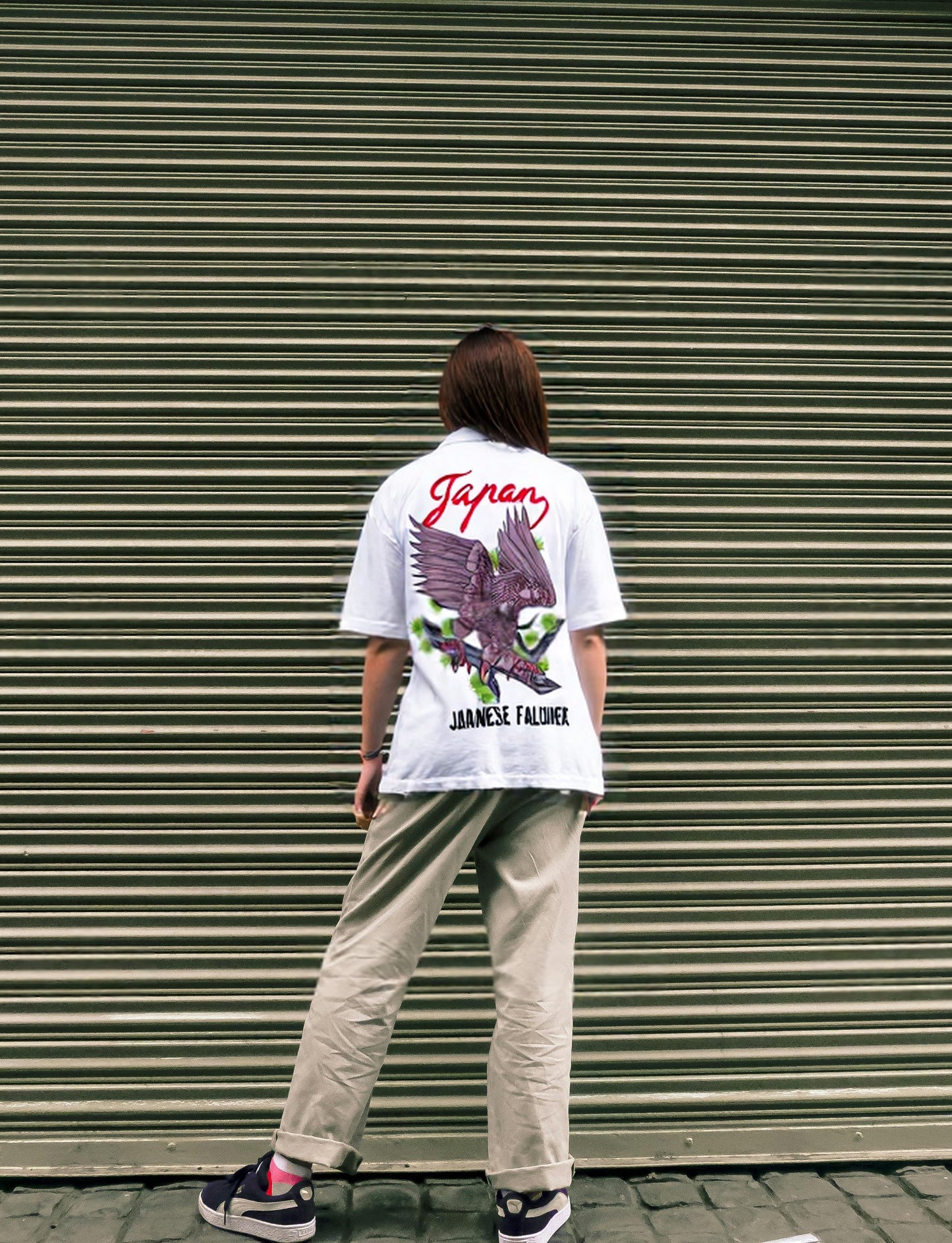 [46]【Unique】Hawk Embroidered Short Sleeve Shirt Men's Japan Logo Souvenir Jacket Style White Poly Blend