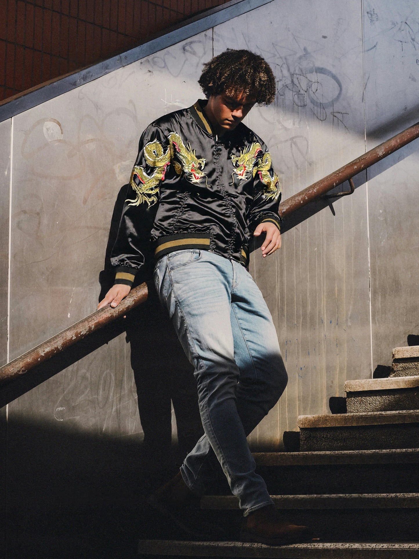 [FREE SIZE]【Authentic Embroidery】Hoshihime Twin Dragons & Clouds Souvenir Jacket Men's Black- Japanese Style